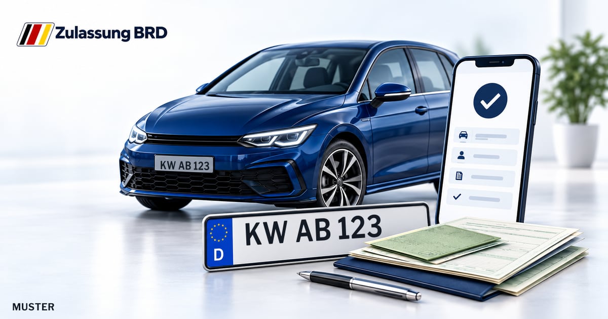 Online Fahrzeugzulassung in Mittenwalde: Musterkennzeichen KW AB 123, Auto und Fahrzeugpapiere und Smartphone. Illustration mit Logo von Zulassung BRD.